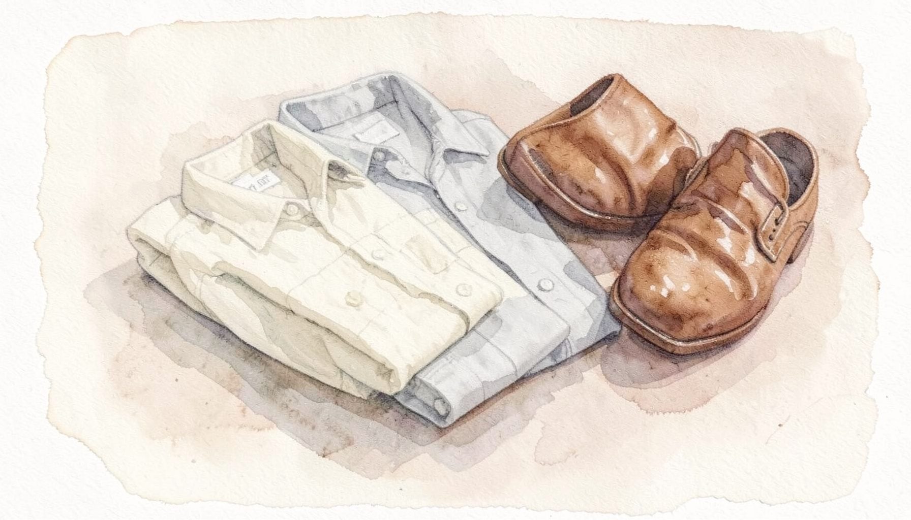 Soft watercolour of neatly folded chinos and a linen shirt in cream and soft grey resting beside a pair of shoes, calm tidy mood
